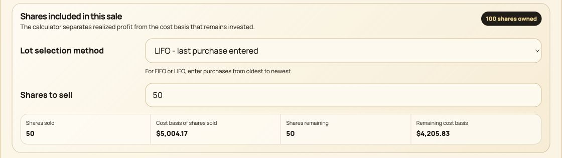 Annotated stock profit calculator showing LIFO lot allocation, shares sold, assigned cost basis, and remaining cost basis
