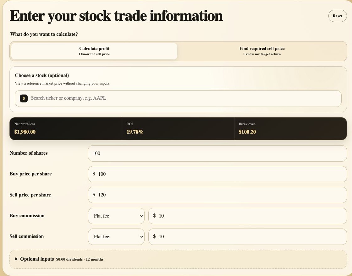 Stock profit calculator input fields showing calculation mode, ticker lookup, shares, prices, commissions, and optional inputs