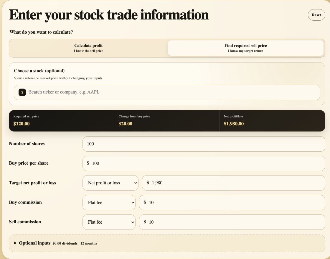 Target return mode of the stock profit calculator showing required sell price and target net profit inputs