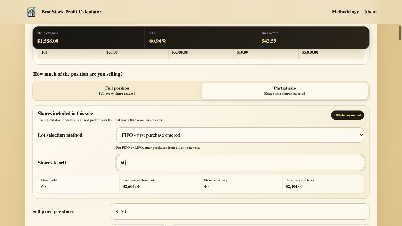 Partial stock sale inputs showing multiple purchases, FIFO selection, and 60 shares to sell