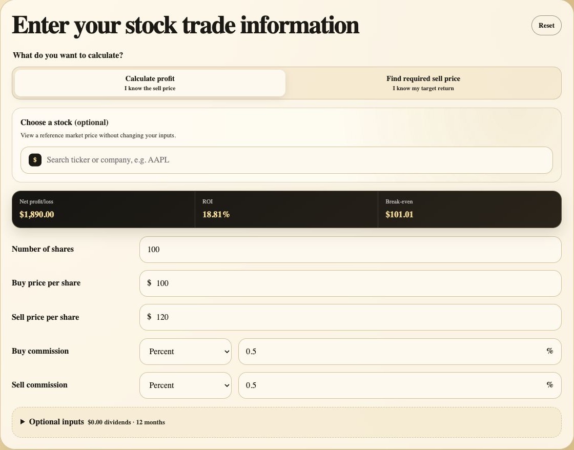Stock profit calculator inputs with 0.5 percent buy and sell commissions highlighted