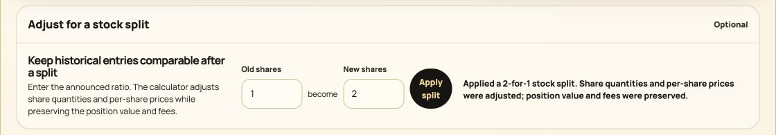 Annotated stock profit calculator showing a two-for-one stock split adjustment
